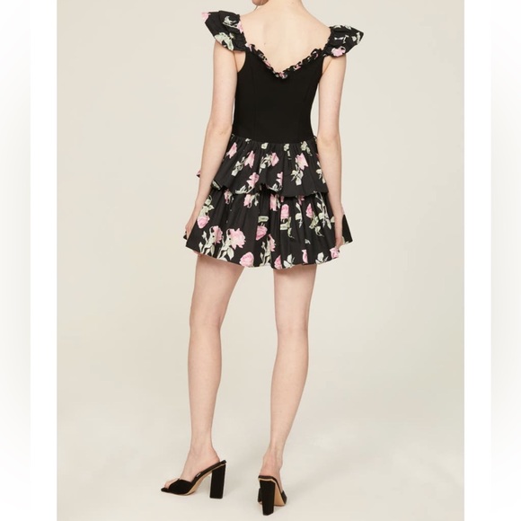 🩷LOVESHACKFANCY DRESS TIERED RUFFLE BLACK PINK ROSE PRINT STRETCH 10🩷 - Picture 6 of 8